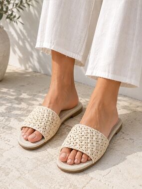 A New Day Cream Raffia Slide Sandals Memory Foam Coastal Summer 8.5 NWT